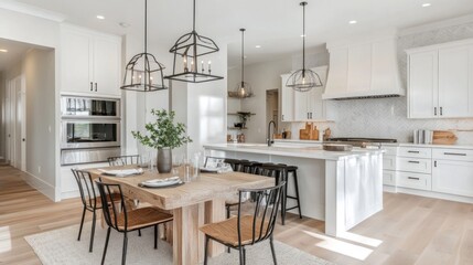 Fototapeta premium Bright, airy kitchen with farmhouse style, featuring a large island, wooden dining table, and sleek white cabinetry.