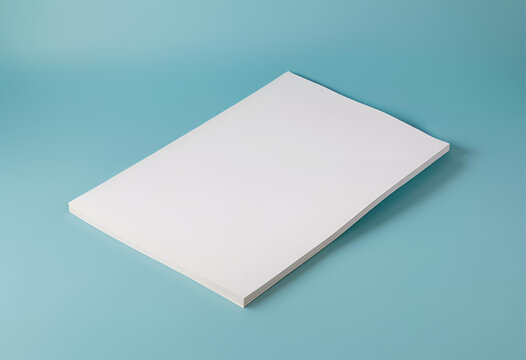 Blank white A4 paper mockup on light blue background.