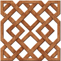 A detailed geometric pattern featuring interwoven lines and shapes in a warm wooden texture, creating a stylish design element.