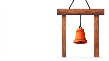 Fototapeta premium A wooden arch supports a bright orange bell, hanging in a minimalist design against a plain background.