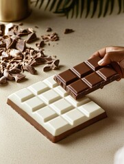 Close-up of Milk and White Chocolate Bar Being Broken Apart.