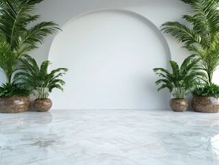 Fototapeta premium Modern minimalist interior with plants and marble floor
