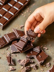 Hand Breaking Dark Chocolate Bar, Close-Up Shot
