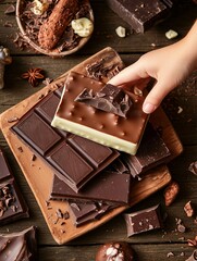 Delicious Milk and Dark Chocolate Bars on Wooden Board