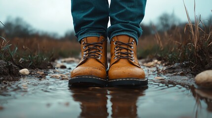 A pair of yellow boots stands in a shallow puddle, surrounded by grass and rocks, showcasing a rugged outdoor scene.