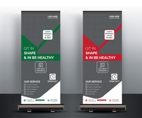 Fitness roll up banner template, Gym premium x-banner vector template design, Roll up banner stand, Fitness business brochure flyer banner design vertical template design