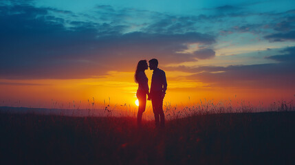 Silhouette of Wedding Couple in Love Kissing and Holding Hands During Sunset with Romantic Evening Sky Background







