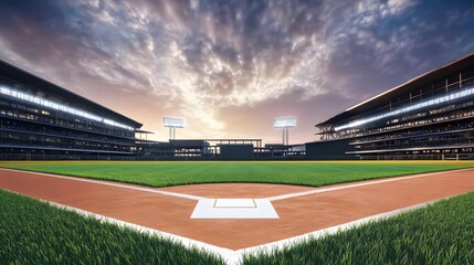 Grand baseball stadium field diamond daylight view, modern public sport building 3D render background