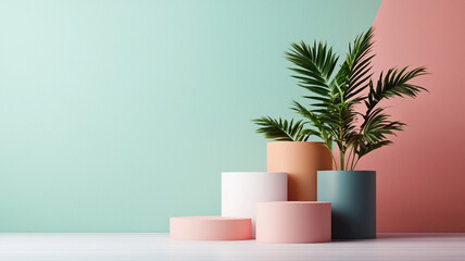 Layered podiums in pastel colors with tropical plants against colorful wall