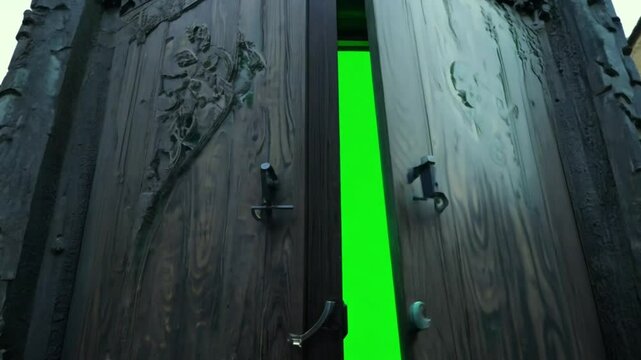 Rustic wooden doors slightly opened to reveal a bright green chroma key background, perfect for adding digital content or creative effects.