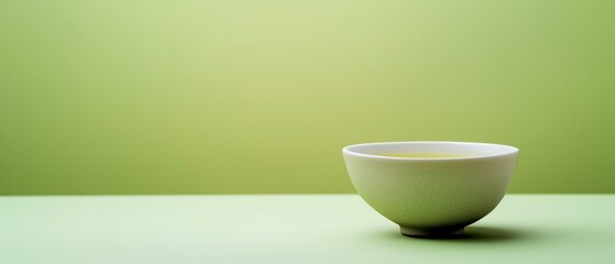A minimalist arrangement featuring a small white bowl with a green background, evoking serene simplicity and the beauty of everyday objects.