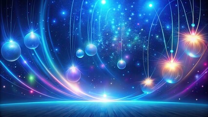 Obraz premium Celestial Orbs Dance Across a Glowing, Starry Expanse Above a Polished Wooden Surface