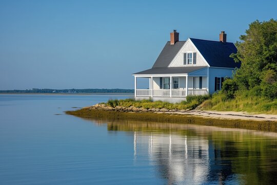A serene waterfront cape cod house with a porch, reflecting in calm waters under a clear blue sky. Lush greenery surrounds the property, creating a peaceful atmosphere.
