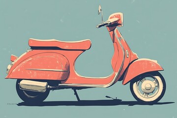 Vintage Coral   Scooter Illustration, Retro Style Design