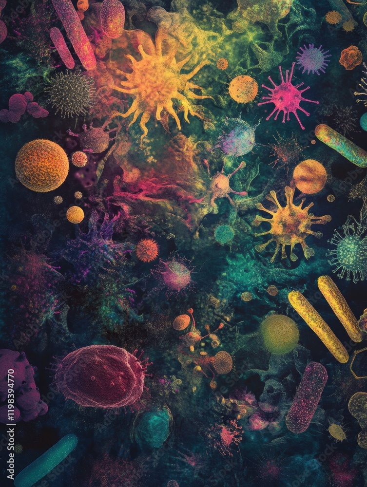 Aufkleber Vibrant array of bacteria and microbes illuminated under microscopic observation in a scientific setting. Generative AI