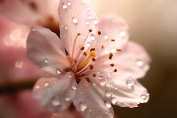 Fototapeta premium Extreme macro of cherry blossom petals with intricate texture, soft pink hues, and pollen grains. Symbolizes spring, renewal, and hope in dreamy pastel tones.