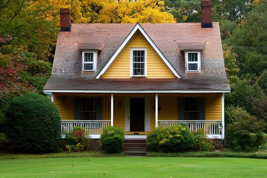 A charming yellow cape cod house with a steep roof and white trim, surrounded by lush greenery and colorful autumn trees. The front porch features white railings and steps leading to the entrance.