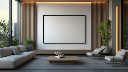 Modern living room with blank frame, stylish furniture, and greenery