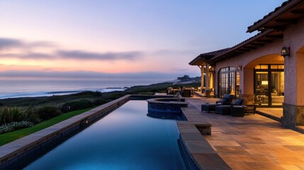Oceanfront Luxury Villa at Sunset: Tranquil Evening by the Pool