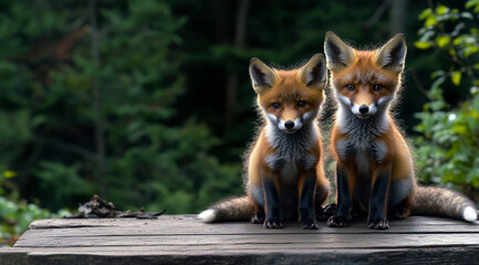 Fototapeta premium Two adorable red fox cubs sit side by side on a rustic wooden surface, surrounded by lush greenery, exuding curiosity and charm in their serene natural habitat.