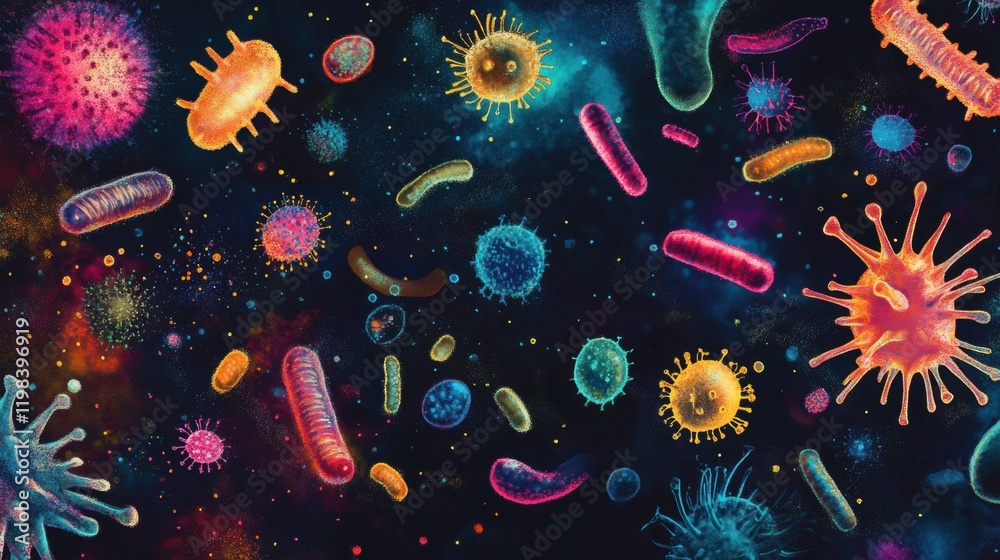 Poster vibrant array of bacteria and microbes in a colorful representation highlighting diversity of micros