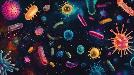 Naklejka premium Vibrant array of bacteria and microbes in a colorful representation highlighting diversity of microscopic life. Generative AI