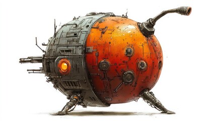Futuristic orange and grey orb-shaped robot with mechanical legs and an exhaust pipe.