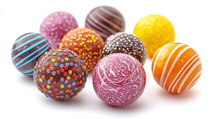 Fototapeta premium Colorful Handcrafted Chocolate Truffles on White Background with Various Designs and Textures, Perfect for Sweet Treats and Dessert Décor