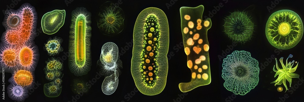 Poster evolving bacteria showcasing diverse forms and structures in natural environment under microscope il