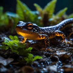 Fototapeta premium Black-Spotted Newt Under the Soft Glow of Moonlight in a Forest
