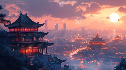 Fototapeta premium Illustration classical Chinese architecture, with city buildings in the distance, at night, In the distance are modern city lights. The festive atmosphere of the Spring Festival