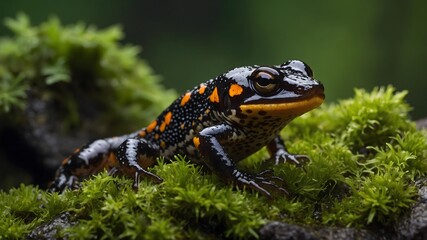 Obraz premium Black-Spotted Newt Close-Up on Mossy Rock