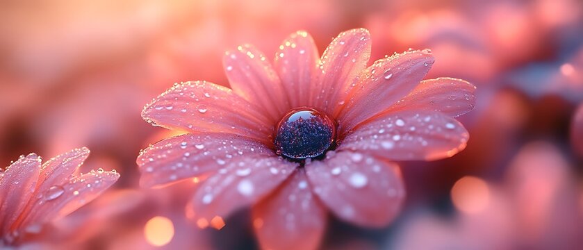 Dew-kissed pink flower in soft light.