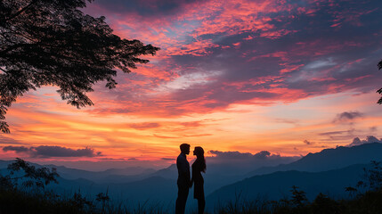 Obraz premium Silhouette of Wedding Couple in Love Kissing and Holding Hands During Sunset with Romantic Evening Sky Background