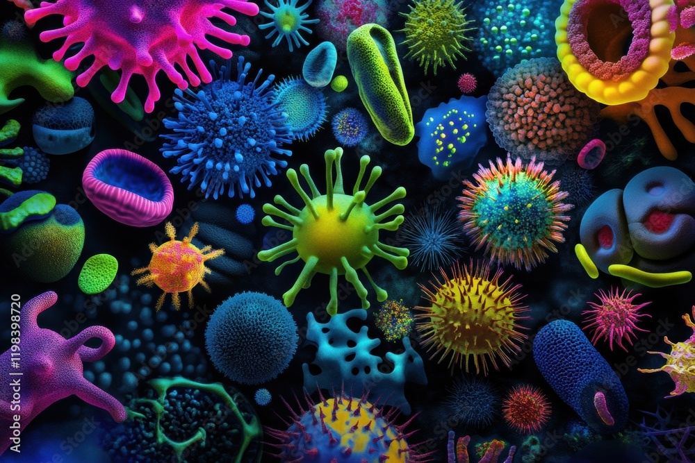 Aufkleber Vibrant array of bacteria and microbes displaying diverse shapes and colors in a colorful microscopic world. Generative AI