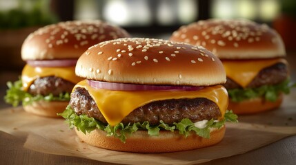 Gourmet cheesetopped burgers upscale diner food rustic interior close-up shot culinary delight