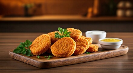 Aesthetic photo of chicken nuggets with sauce and vegetables on a plate, wallpaper, menu, chicken dishes, promotion, fast food.