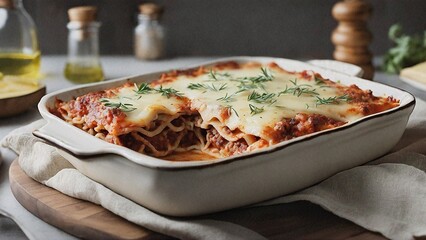 A large portion of delicious lasagna for dinner in aesthetic photo, wallpaper, menu, promotion, italy, banner.