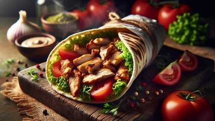 Kebab with many fillings photographed aesthetically, wallpaper, menu, promotion, banner, poster.