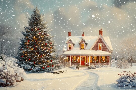 A cozy, snow-covered cape cod style house decorated for Christmas, with a large Christmas tree adorned with lights and ornaments in the foreground. Snowflakes gently fall.