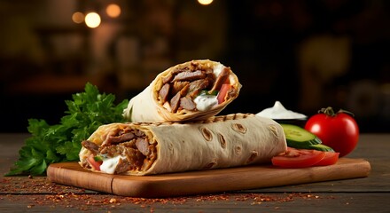 Jumbo kebab photographed aesthetically with abundant filling, wallpaper, menu, promotion, advertisement, banner.
