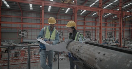 Fototapeta premium Metal sheet workers inspecting blueprint in factory setting. Collaborating on project planning and precision engineering, surrounded by machinery and equipment essential for manufacturing process. 