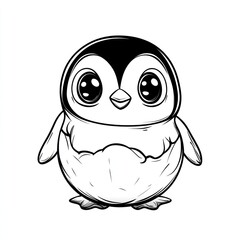 Penguin stands upright, on white background, in a black and white cartoon. Use for kids and coloring