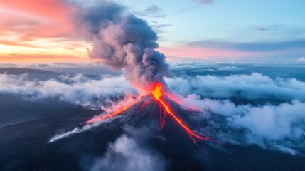 Volcanic eruption spectacle mountain range aerial natural environment dramatic viewpoint earth’s...