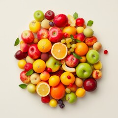 Seasonal fruit harvest display kitchen table food composition bright environment top-down view freshness concept