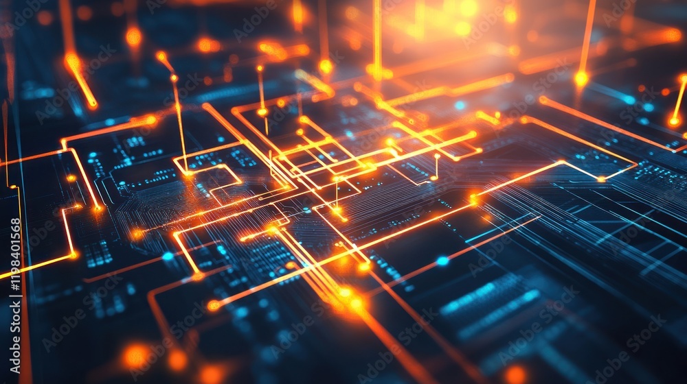 Poster abstract digital network: illuminated circuitry and data streams