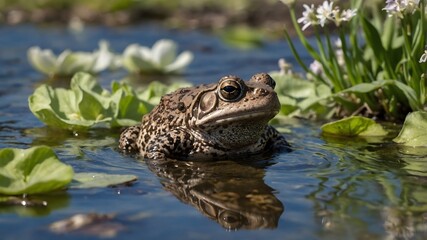 Fototapeta premium Wyoming Toad in a Seasonal Spring Landscape of Blossoms and Flowing Water