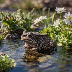 Obraz premium Lively Spring Scene: Wyoming Toad with Blooming Plants and Gentle Streams