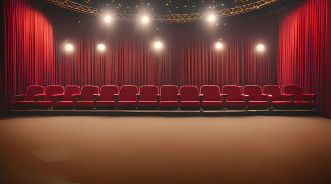 An empty cinema auditorium with red velvet seats, dim golden lights casting soft shadows, a large silver screen at the front, and a vintage popcorn machine in the corner