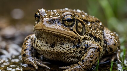 Obraz premium Intimate Portrait of a Wyoming Toad Adorned with Water Droplets